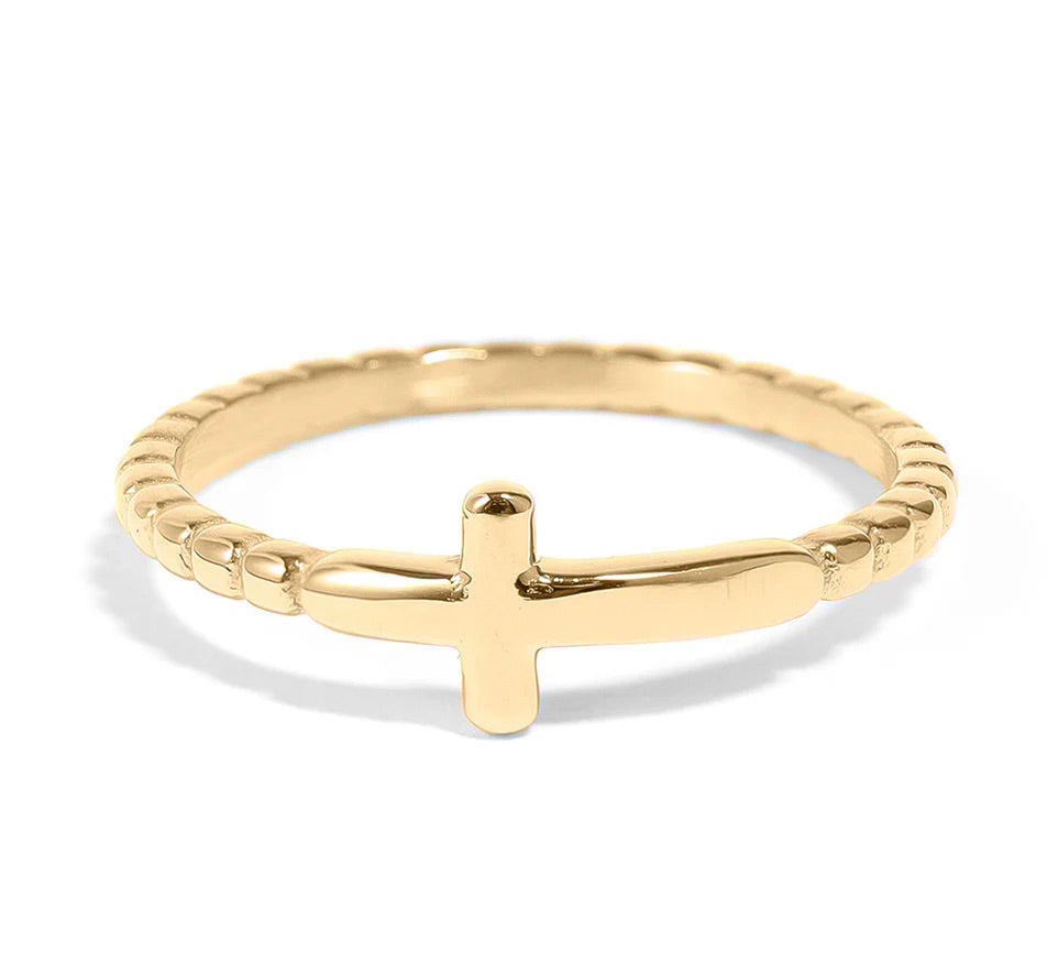 Gold Beaded Cross Stacking Ring image 0