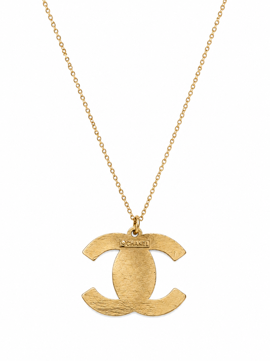 Authentic Chanel CC Logo Black Crystal Pavé Pendant Necklace Gold Tone