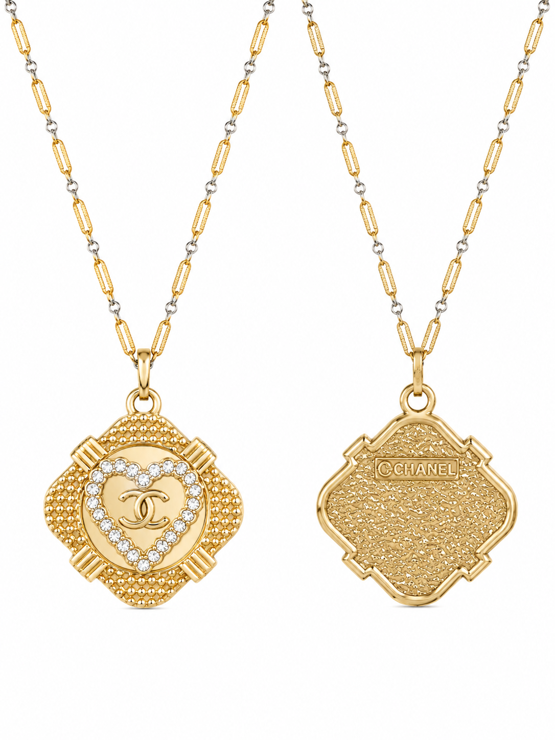 Authentic Chanel CC Logo Clover Pendant Necklace Gold Tone with Crystal Heart