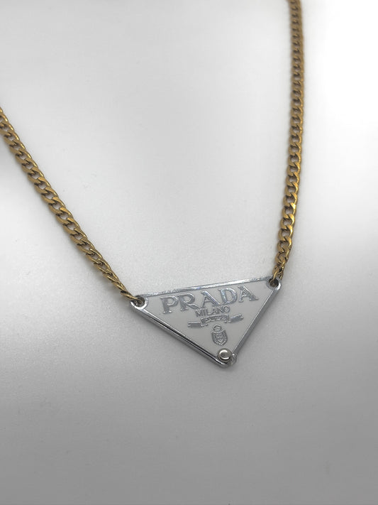 White Prada Emblem Necklace
