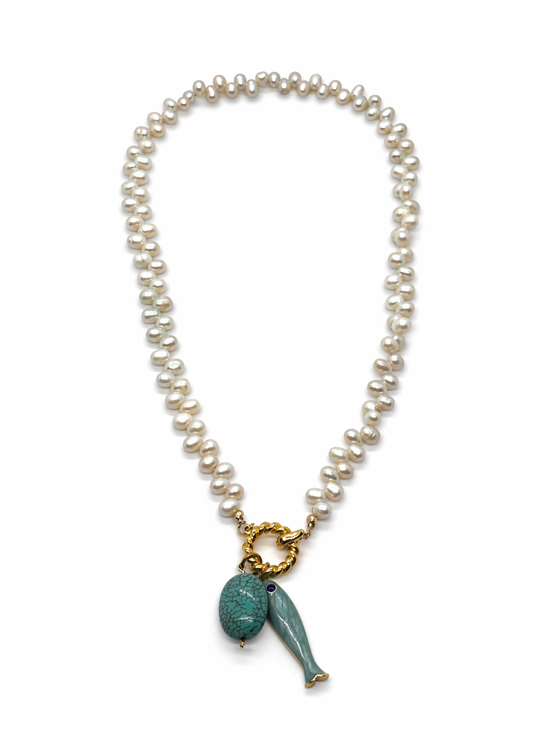 White Pearl Necklace with Turquoise
