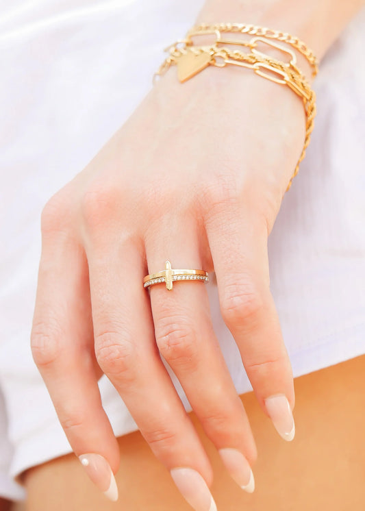 Cross CZ Stone Engraved Stacking Ring image 0