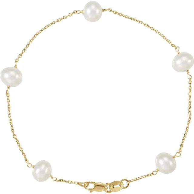 14K Yellow Cultured White Freshwater Pearl 5-Station 7" Bracel