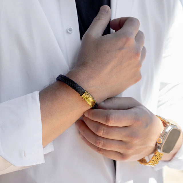 18K Gold PVD Stainless Steel Mens Leather Metal Clasp Bracelet image 0