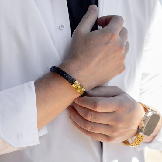 18K Gold PVD Stainless Steel Mens Leather Metal Clasp Bracelet image 0