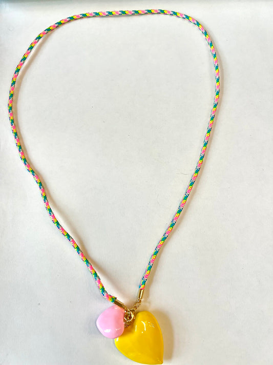 Bubble Gum Pink and Yellow Heart Cord Necklace image 0