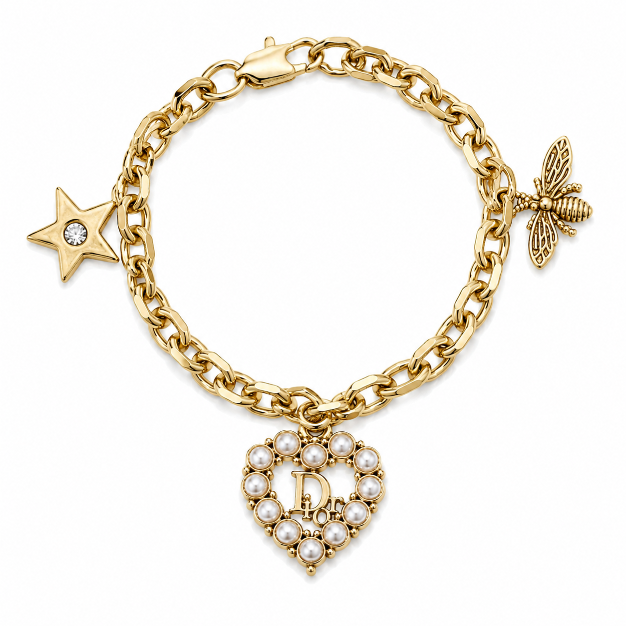Authentic Gold Christian Dior Pearl Heart, Star & Bee  Charm Bracelet