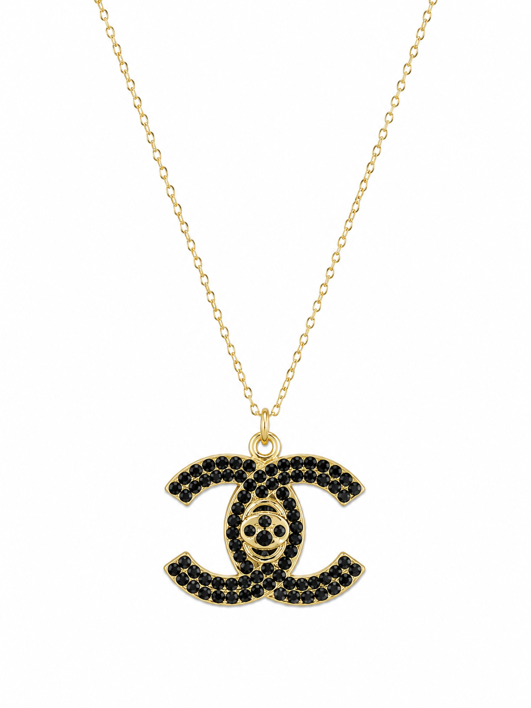 Authentic Chanel CC Logo Black Crystal Pavé Pendant Necklace Gold Tone