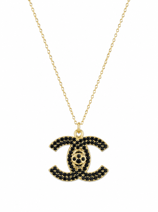 Authentic Chanel CC Logo Black Crystal Pavé Pendant Necklace Gold Tone
