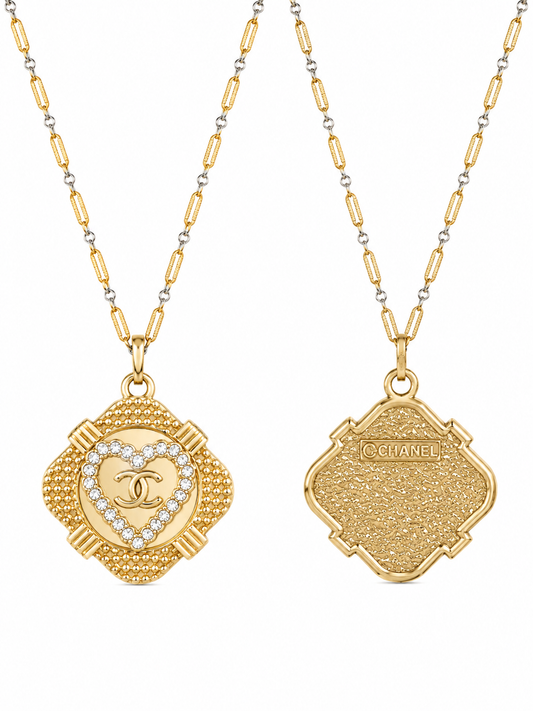 Authentic Chanel CC Logo Clover Pendant Necklace Gold Tone with Crystal Heart