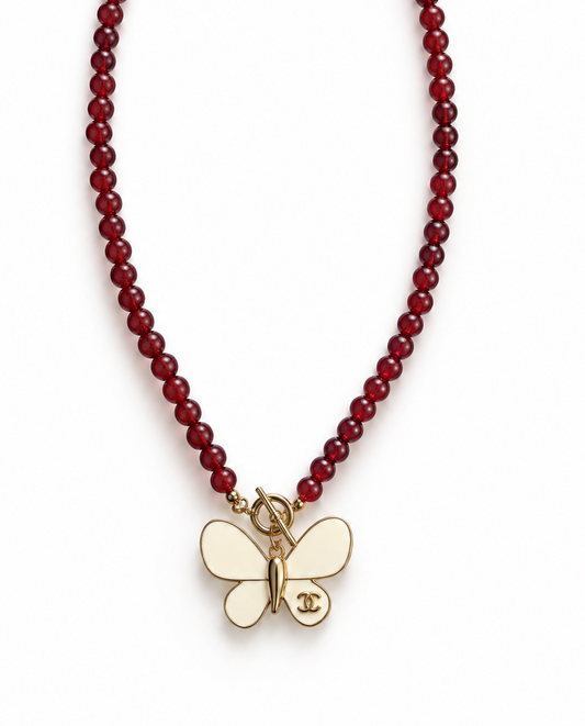 Chanel Butterfly Red Beaded Necklace