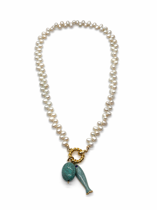 White Pearl Necklace with Turquoise