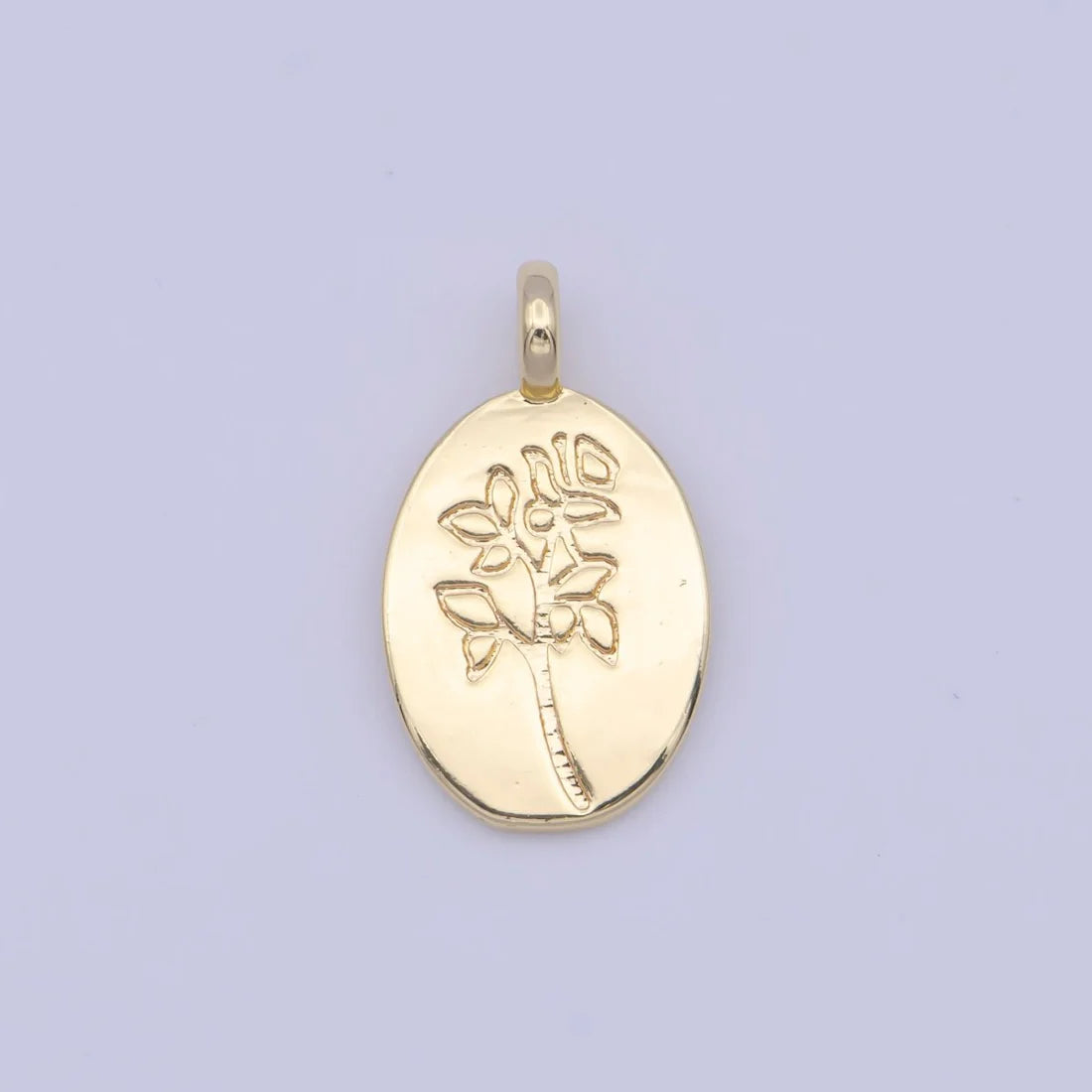 Minimalist Flower Plant Engraved Gold Oval Charm image 0