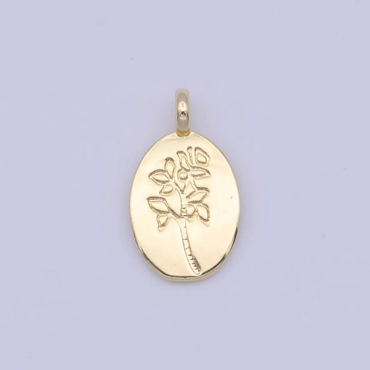 Minimalist Flower Plant Engraved Gold Oval Charm image 0