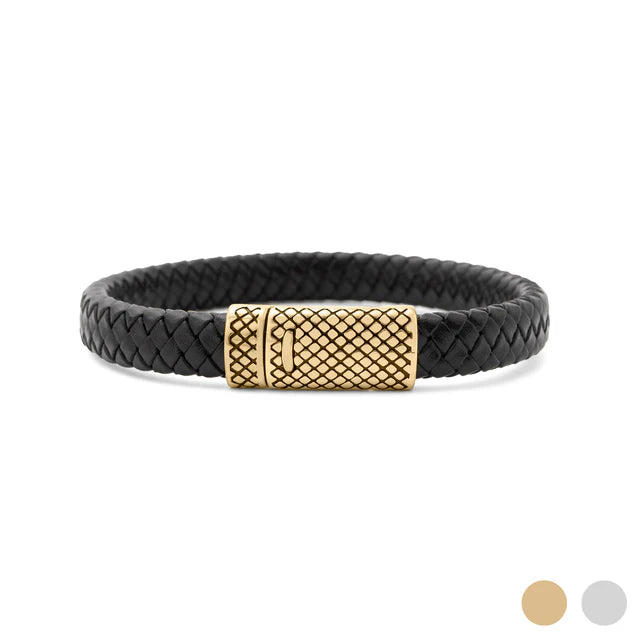 18K Gold PVD Stainless Steel Mens Leather Metal Clasp Bracelet image 2