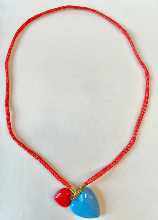 Blue and Red Ceramic Puffy Heart Cord Necklace image 0